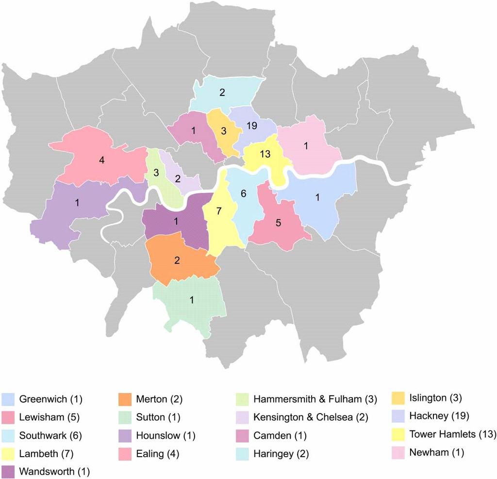 The following map shows the distribution and numbers of studio buildings in London by borough.