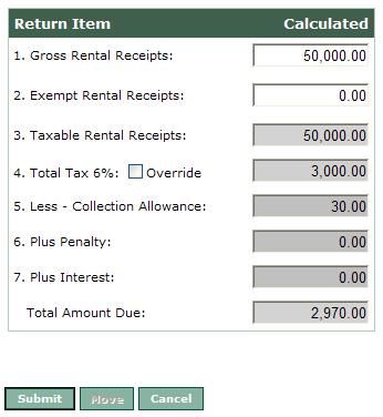 2. Enter the Gross Rental Receipts. 3. Enter the Exempt Rental Receipts. Result: The Total Amount Due is calculated.