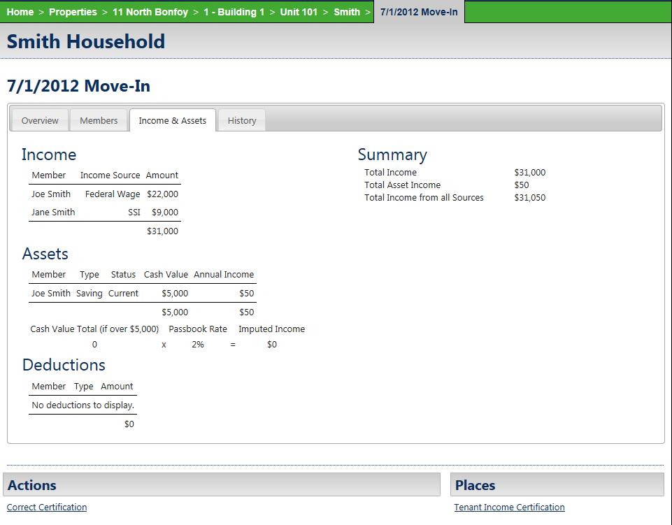 Certification Detail Screen, Continued The Income & Assets tab shows the details for the
