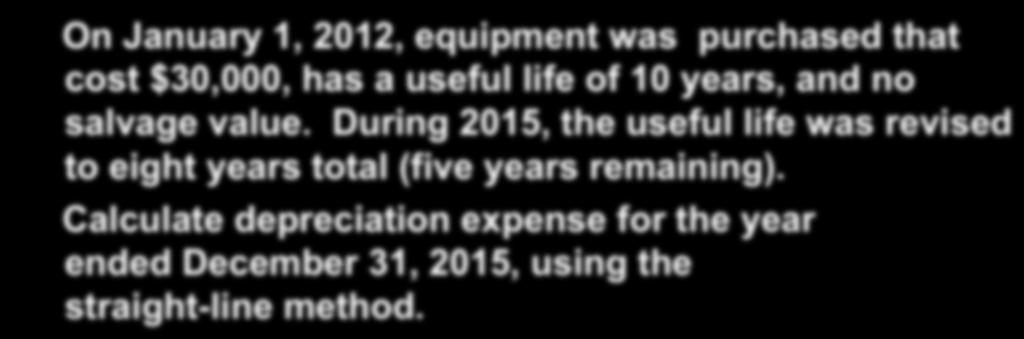 C 3 Change in Estimates for Depreciation On January 1, 2012, equipment was purchased that cost $30,000, has a useful life of 10 years, and no salvage value.