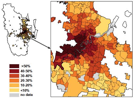 Inner suburbs have much high levels of tertiary education Tertiary