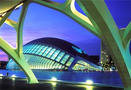 The City of the Arts and the Sciences complex in Valencia, Spain, houses a science museum, theaters, performance halls, an aquarium and more.