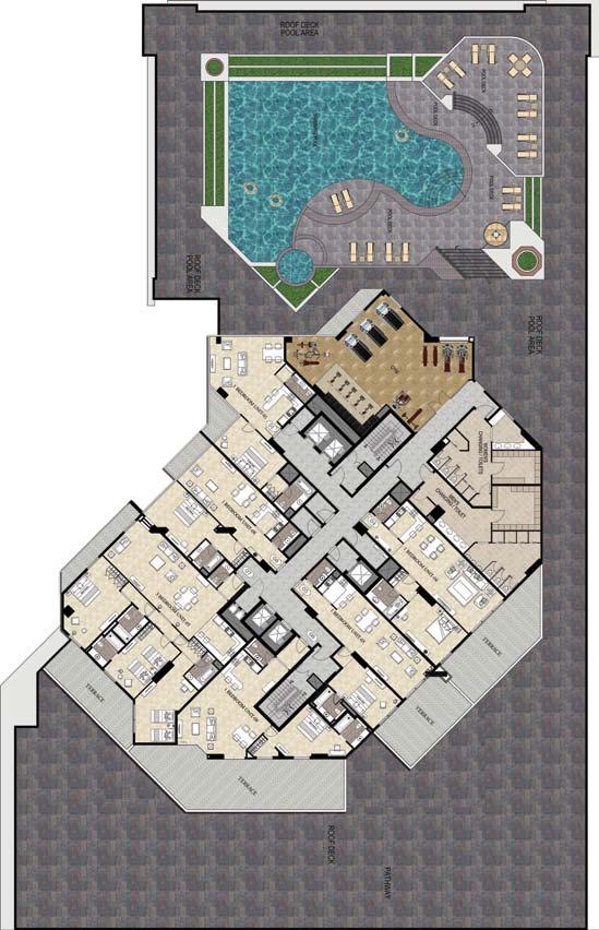 4th Floor plan + Pool Features & Specifications Unit Features: Kitchen cabinets and countertops with refrigerator, washing machine with dryer option, hob, oven. Balconies as per unit plan.