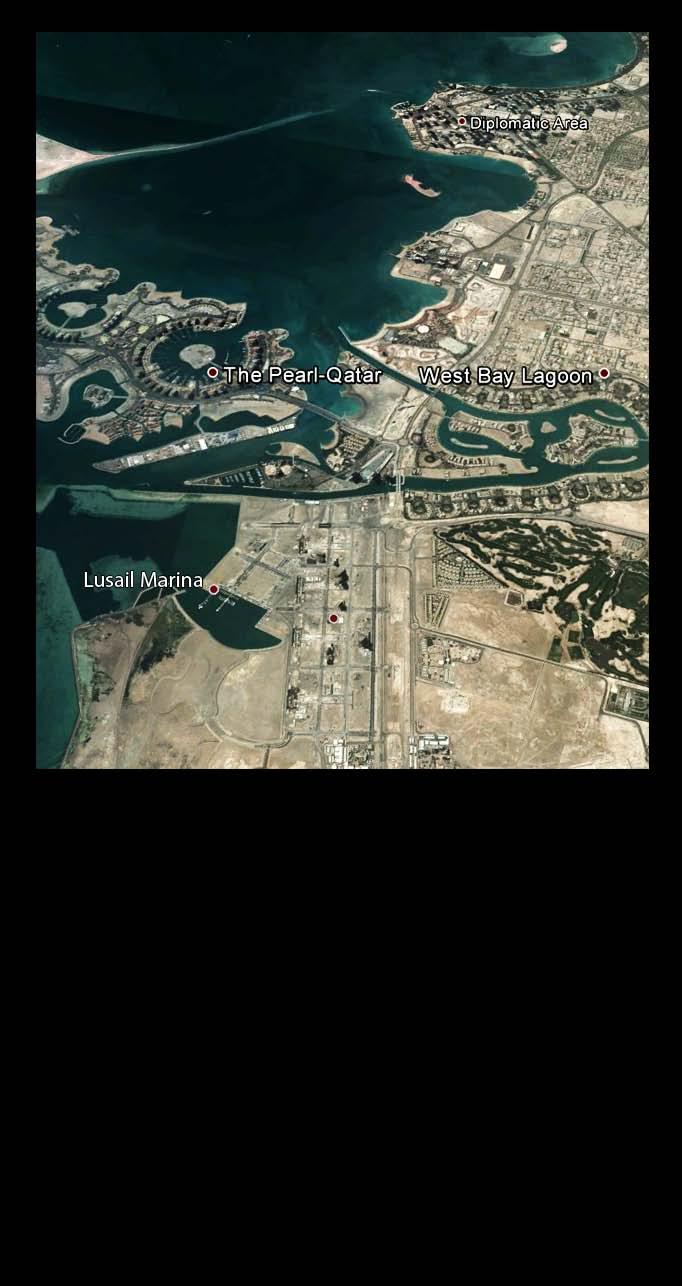 Lusail City. The centre of Qatar s future Lusail, Qatar s newest planned city, is located about 15 kilometres north of the city centre of Doha, just north of the West Bay Lagoon.