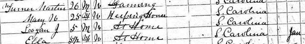 1870 U.S. Census, York County, South Carolina May 1846: Mastin Turner,born in NC/SC Mar 1848: Mary W?? Was born in SC; They were married about 1863/64.