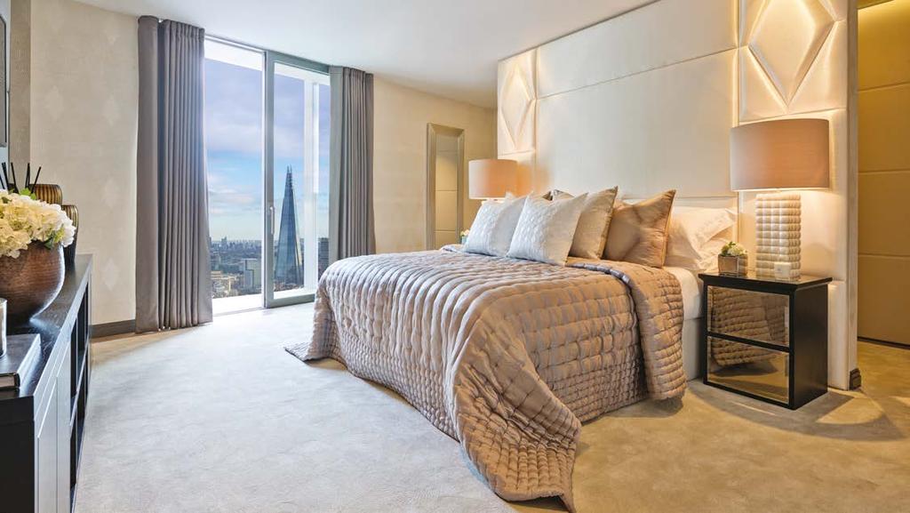 ONE CONCEPT Photograph of the Hepworth show apartment bedroom 1 with indicative views from the 39th floor.