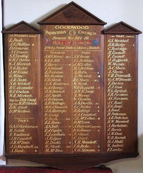 A. E. Phillips is remembered on the Goodwood Presbyterian Church Honour Board (left panel, 2nd name).