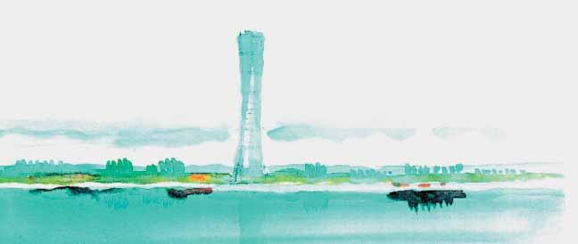 [Project 1] Santiago Calatrava s watercolour study shows the Turning Torso as a vertical exclamation mark in the flat coastal landscape of Schonen.