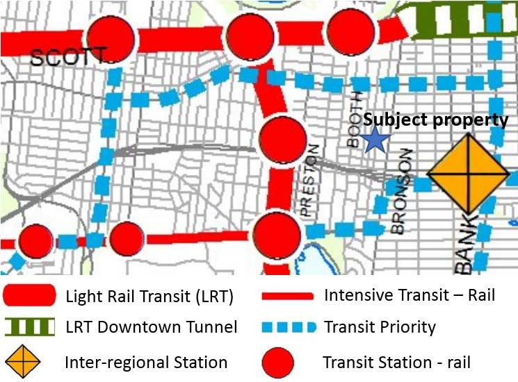 6 Figure 4: Excerpt from Schedule D: Rapid Transit Network of the City of Ottawa s Official Plan With respect to cycling, the subject property is located in close proximity to several cycling routes,