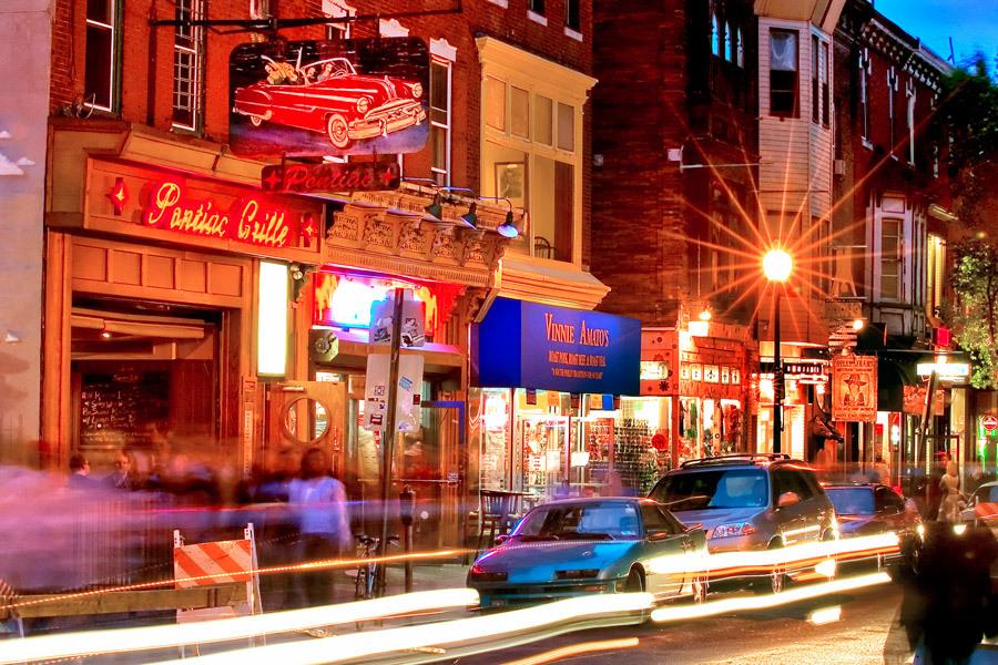 The stretch of South Street between Front and 7th Street is known for its diverse urban mix of shops, bars, and eateries.
