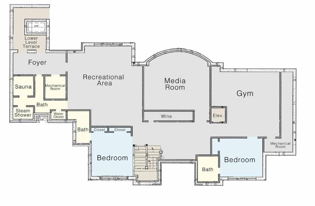 LOWER LEVEL 3,000 SF +/- Finished Lower Level: Gym Sauna Steam Room Recreational Room Media Room Wine Room Two