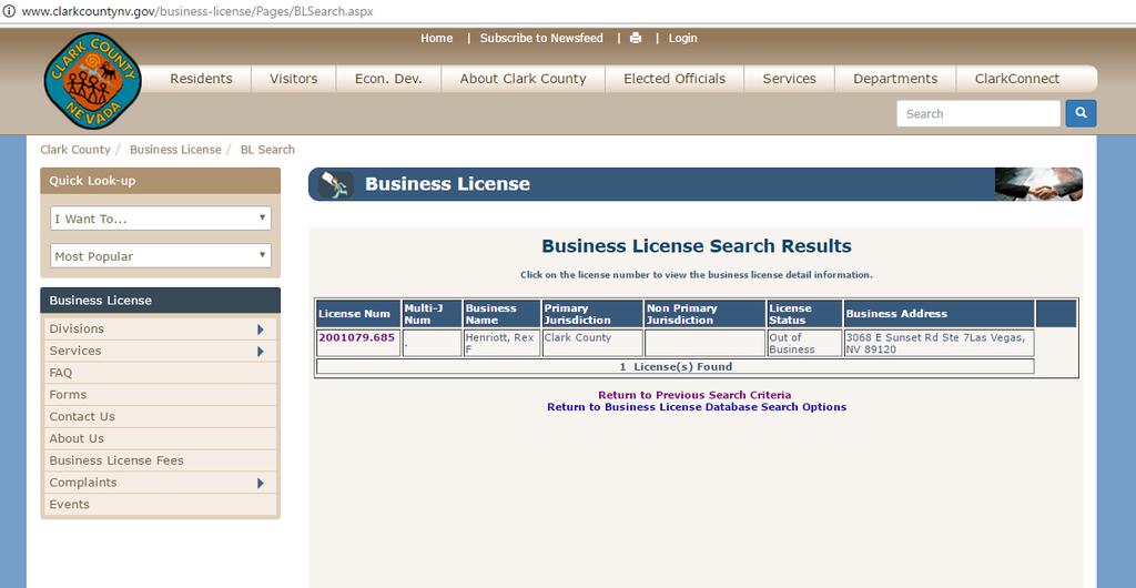 Figure 7: only Business License ever held by Rex Henriott
