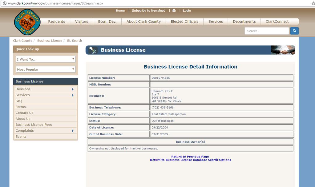 Figure 8: only Business License ever held by Rex Henriott 