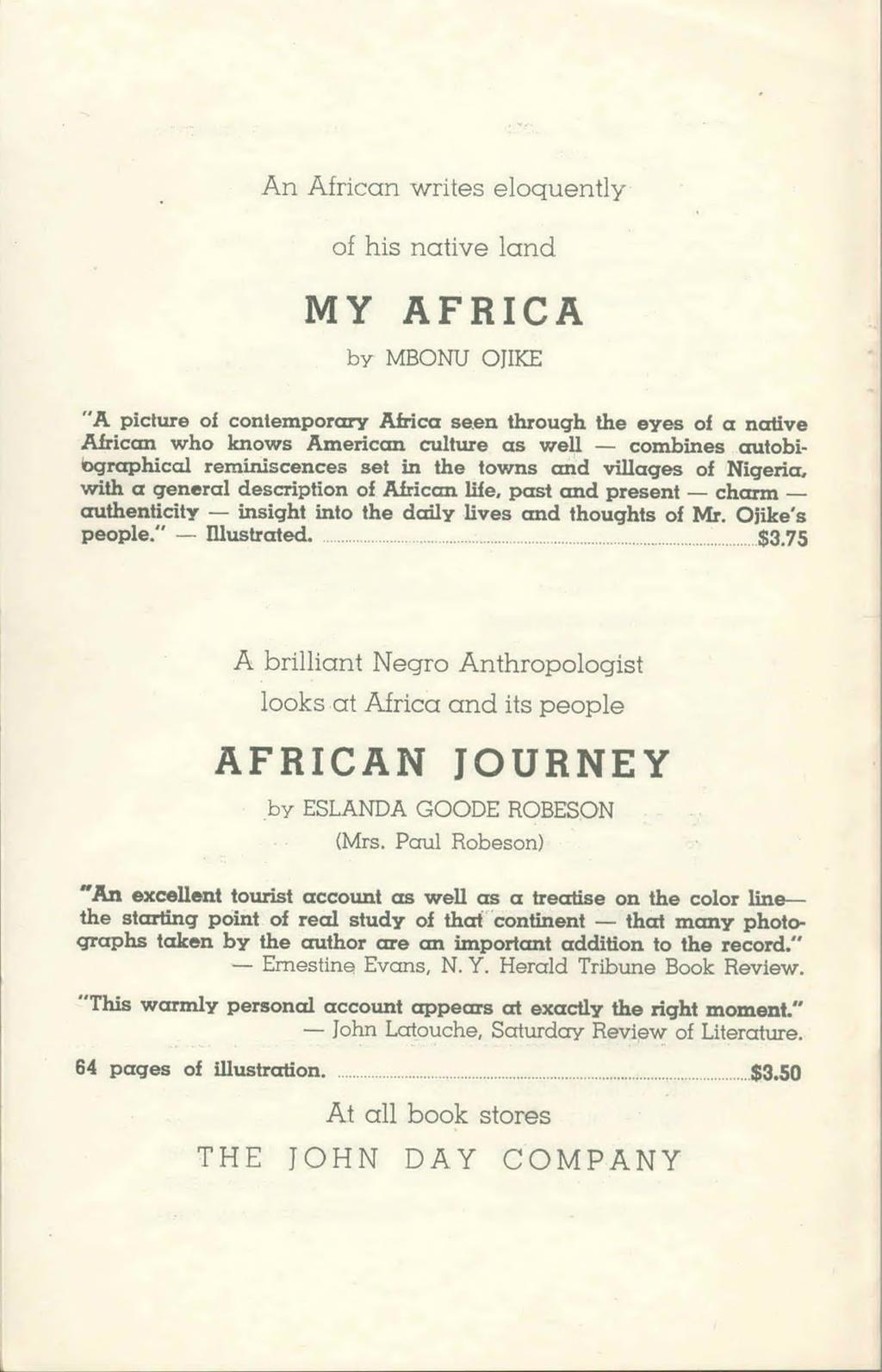 An African writes eloquently of his native land MY AFRICA by MBONU OJIKE "A picture of contemporary Africa seen through the eyes of a native African who knows American culture as well combines