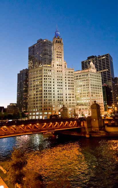 The Wrigley Building Standing on a triangular piece of land at the northwest corner of Michigan Avenue and the Chicago River, The Wrigley Building has been an iconic part of the city s skyline for