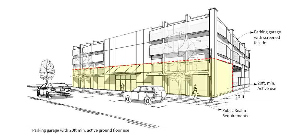 . Parking structures located along Principal streets shall be required to provide ground floor commercial or office space along the street frontage (see Figure V-1).