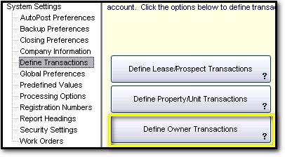 A transaction must first exist in this list before it can be setup as a repeating lease charge and before it can be posted to a Lease Register to represent a specific charge or credit to the tenant.