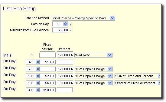 Minimum Past Due Balance. The late fee is based on the values entered on the Initial line.