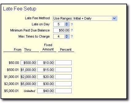 Then, every day thereafter, up to the Max Times to Charge when the total unpaid balance falls between the From/Thru amounts on a specific row, the late fee is based on the values entered on that row.