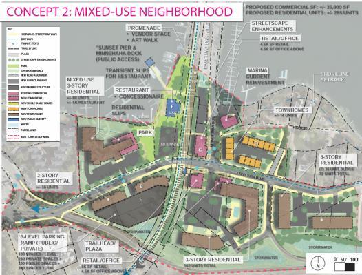 Concept 2: Mixed-Use Neighborhood Favor/Opposed Pros Cons Favor: 5 Opposed: 37 Residential with stores on first floor. I like the setbacks, sidewalks added to East Town.