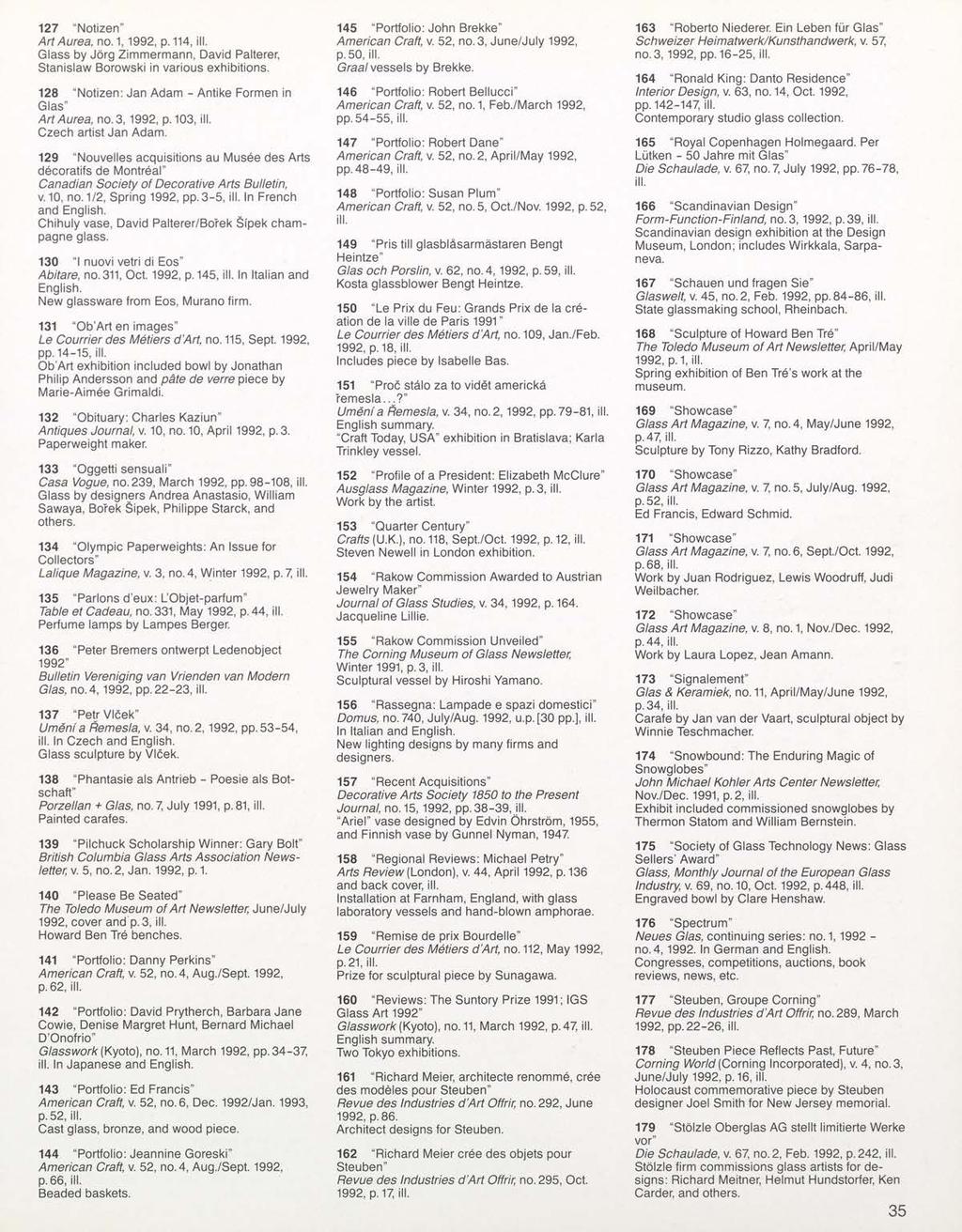 127 "Notizen" ArtAurea, no. 1,1992, p. 114, Glass by Jorg Zimmermann, David Palterer, Stanislaw Borowski in various exhibitions. 128 "Notizen: Jan Adam - Antike Formen in Glas" ArtAurea, no.
