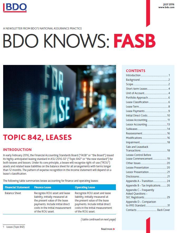 RESOURCES / REFERENCES BDO Knows: Topic 842, Leases https://www.bdo.