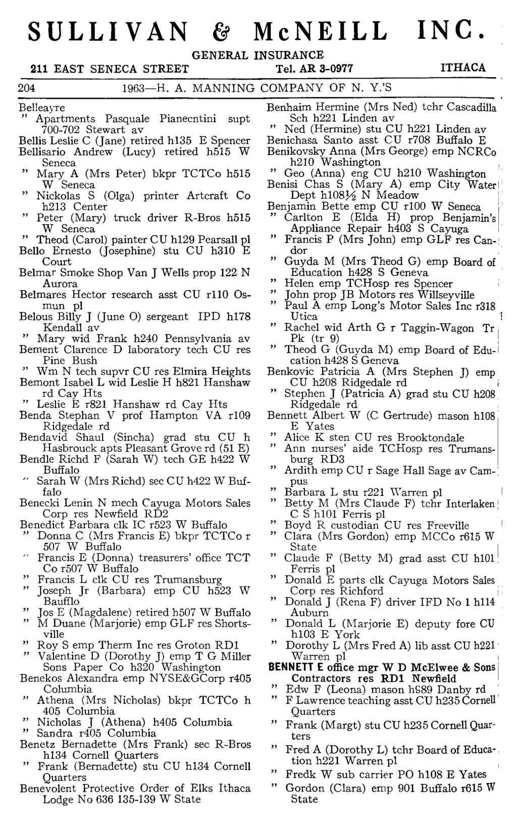 SULLIVAN McNEILL INC. GENERAL INSURANCE 211 EAST SENECA STREET Tel. AR 3-0977 204 1963-H. A. MANNING COMPANY OF N. Y.