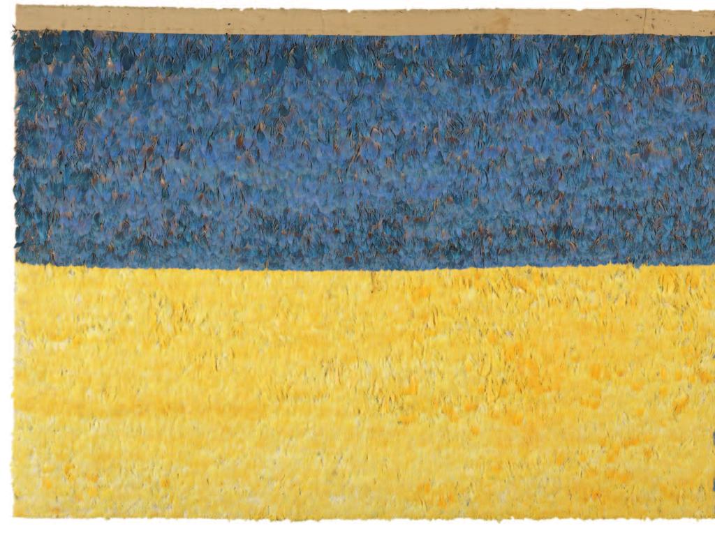 Feathered Panel. Peru, Far South Coast, Pampa Ocoña; AD 600 900; Papagayo macaw feathers knotted onto string and stitched to cotton plainweave cloth, camelid fiber plain-weave upper tape; 81.3 x 223.