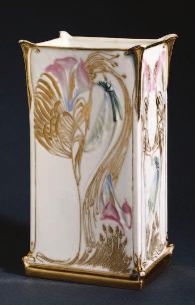 BENEFACTORS Vase. Designed by Georges de Feure (French, 1868 1943); made by Gérard, Dufraissex, and Abbot, Limoges, about 1903; porcelain with color glazes and gilding; 25.1 x 14 x 10.9 cm; John L.