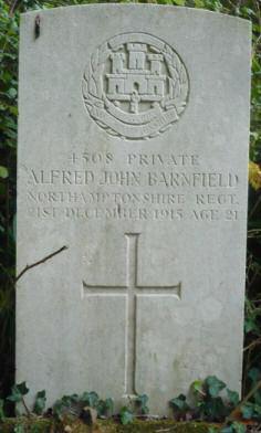 Buried Lapugnoy Military Cemetery in France grave VII.E.12. BARNFIELD Alfred John Private 4508 4 th Bn Northamptonshire Regiment.