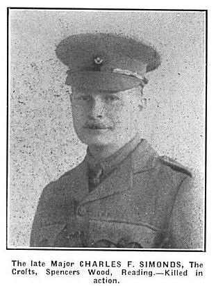 Rifle Corps Died 29 th June 1916 aged 38 from The Crofts, Spencer s Wood Son of Mr & Mrs James Simonds of Redlands, Reading, husband of Evelyn