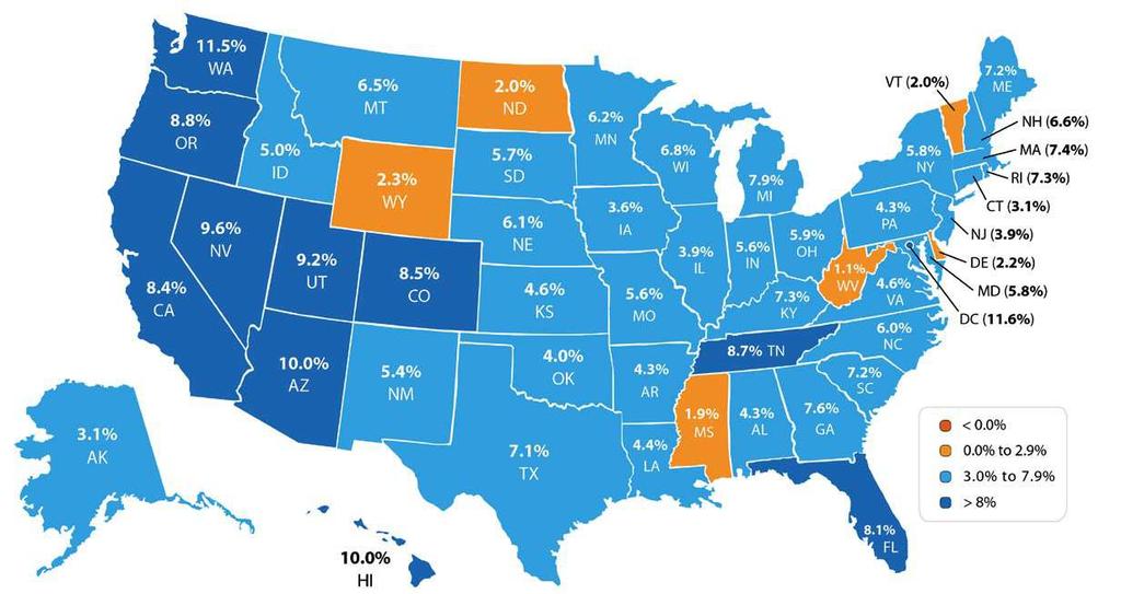 Year-over-Year Prices Regionally Looking at the breakdown by state, you can see that each state is appreciating at a diferent