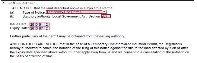 2.5.2.3 Notice of Permit Line 1 Type of notice field: when a type of permit is selected from the drop down in Item 3, Nature of Interest, non-editable text populates Item 5, Notice Details, to