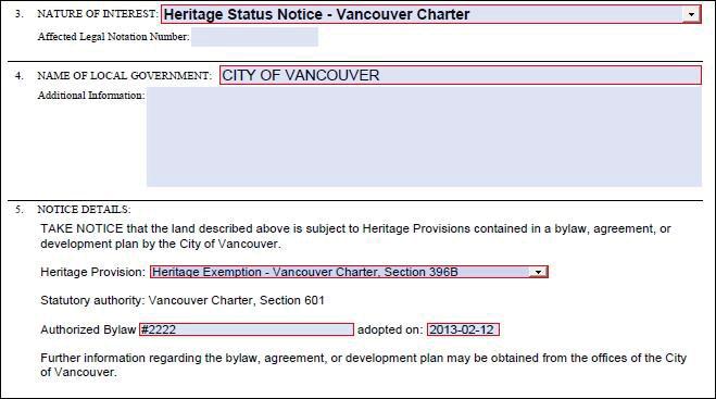 EXAMPLE HERITAGE STATUS NOTICE VANCOUVER CHARTER: 2.