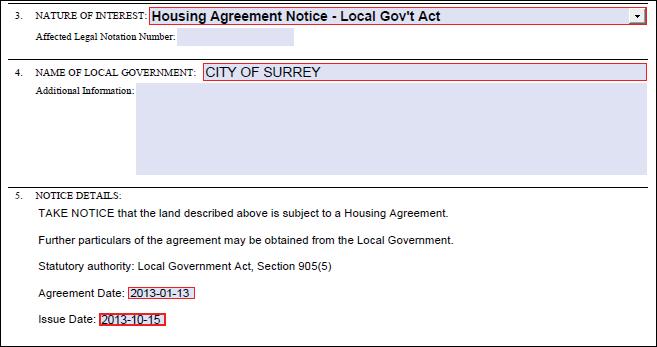 Interest, three lines of non-editable text populate Item 5, Notice Details, to accommodate the details of a housing agreement notice under the Local Government Act.