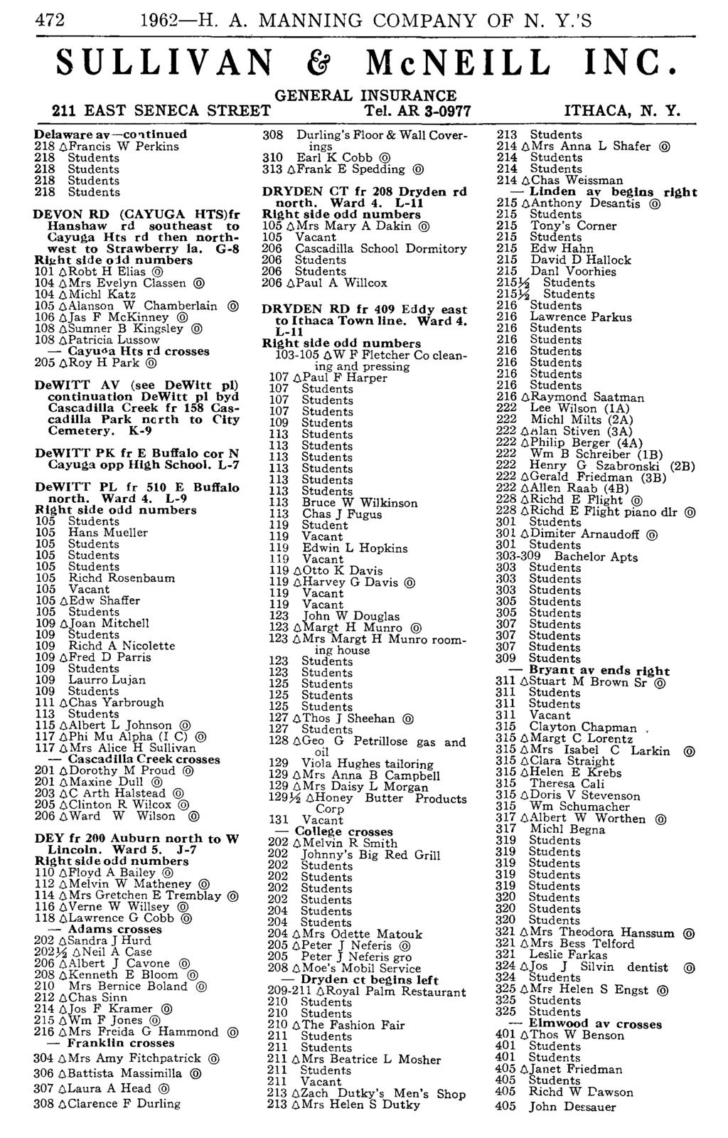 472 1962-H. A. MANNING COMPANY OF N. Y.'S SULLIVAN McNEILL INC. GENERAL INSURANCE 211 EAST SENECA STREET Tel. AR 3-0977 ITHACA, N. Y. Delaw