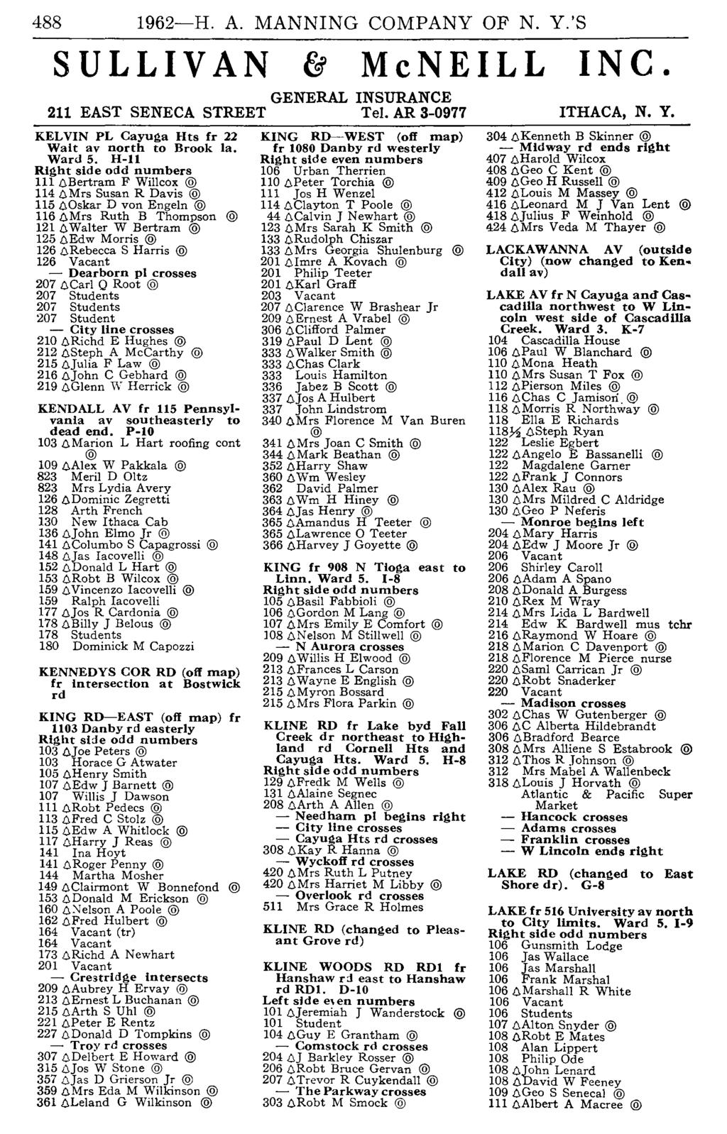488 1962-H. A. MANNING COMPANY OF N. Y.'S SULLIV AN McNEILL INC. GENERAL INSURANCE 211 EAST SENECA STREET Tel. AR 3-0977 ITHACA, N. Y. KELVIN PL Cayuga Hts fr 22 Walt av north to Brook lao Ward 5.