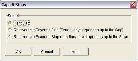Caps and Stops The Caps and Stops button allows you apply Rent Caps or Recoverable Expenses A Rent Cap was illustrated in the above example Expenses Cap and Stops can be applied to recoverable