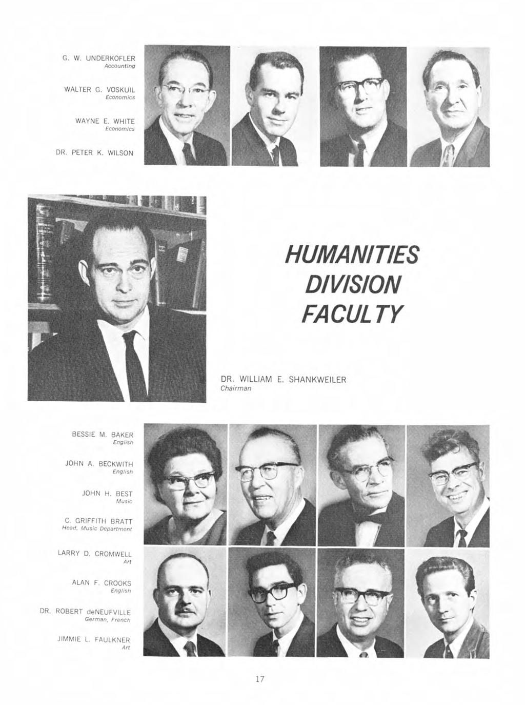 G. W. UNDERKOFLER Accounting WALTER G. VOSKUIL Economics WAYNE E. WHITE Economics DR. PETER K. WILSON HUMANITIES DIVISION FACULTY DR. WILLIAM E. SHANKWEILER BESSIE M.