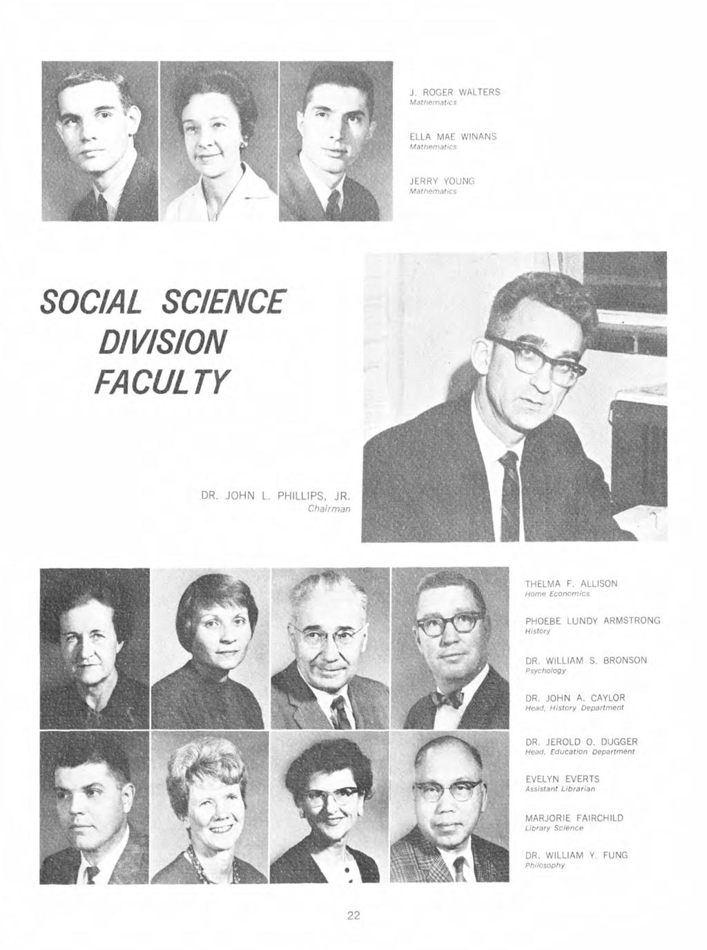 J. ROGER WALTERS ELLA MAE WINANS JERRY YOUNG SOCIAL SCIENCE DIVISION FACULTY DR. JOHN L. PHILLIPS, JR. THELMA F. ALLISON Home Economics PHOEBE LUNDY ARMSTRONG DR. WILLIAM S.
