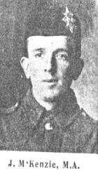 Courville, France Killed while on patrol duty, John Mackenzie was a graduate in Arts of St Andrews University.