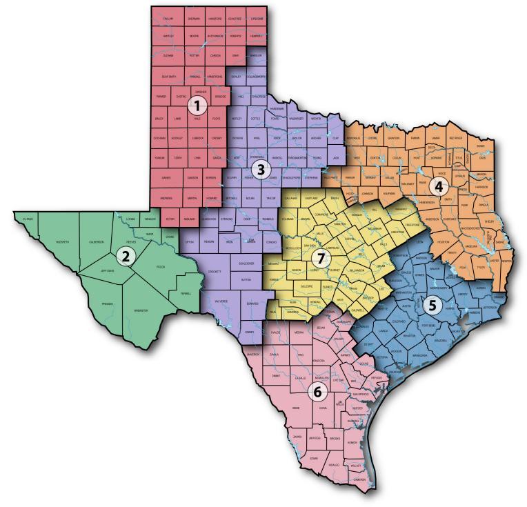 TEXAS LAND REGIONS REGION LIST Region I: Panhandle & South Plains Region 2: Far West Texas Region 3: West Texas Region 4: Northeast Texas Region 5: Gulf Coast Brazos Bottom Region 6: South Texas