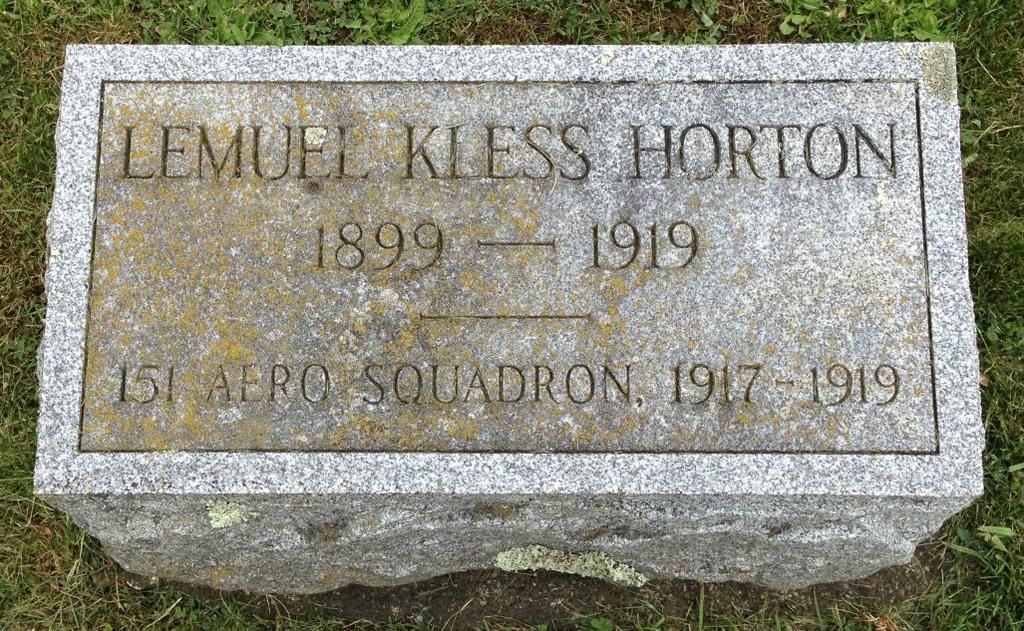 Horton, Leumel Kless No. 9 Cemetery (New) Town of Seneca His funeral was held in Newark, NY, but his father was a former resident of Hall, NY. He died from spinal meningitis.