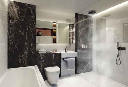 The floors are finished in a large format stone whilst the walls are in a combination of polished natural stone and back painted glass. The walk in shower contrasts with a polished stone feature wall.