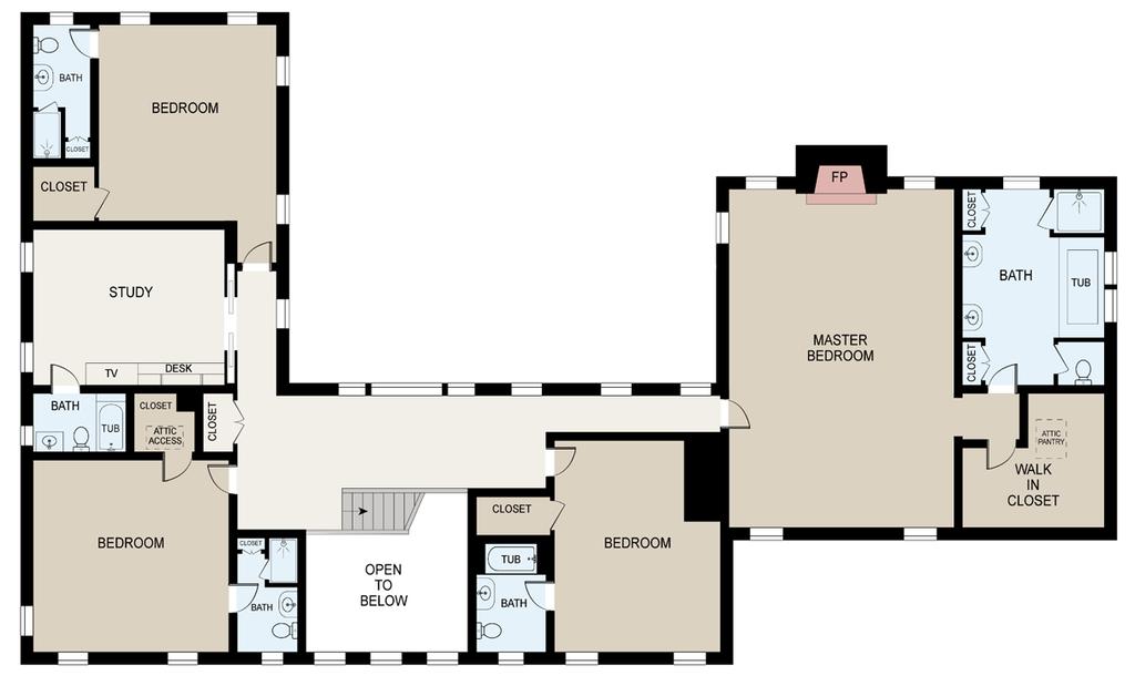MAIN RESIDENCE SECOND LEVEL Master Bedroom with: Fireplace Walk-in Closet Bathroom with Soaking Tub, Shower, and Water Closet 3 Guest Bedrooms with Full Bathrooms