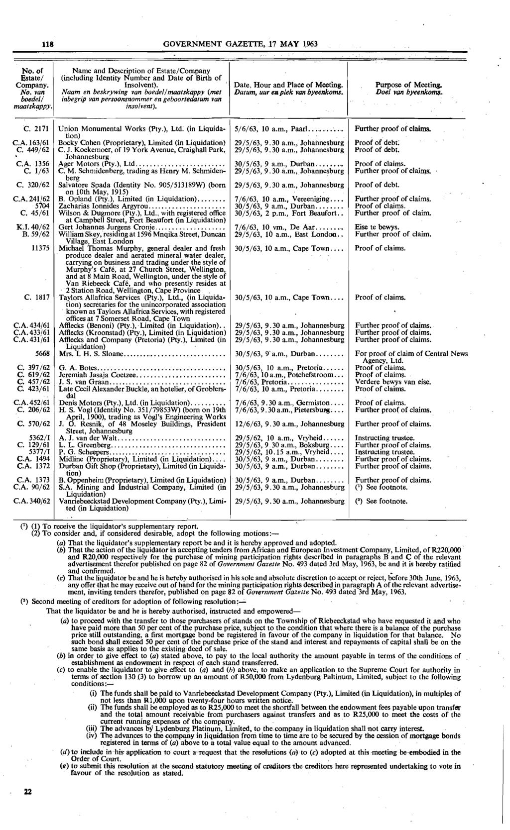 118 GOVERNMENT GAZETI'E. 17 MAY 1963. No. of Name and Description of Estate/Company Estate/ (including Identity Number and Date of Birth of Company; Insolvent). Date, Hour and Place of Meeting.