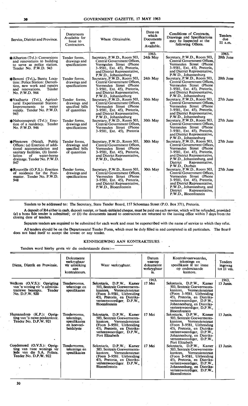 30 GOVERNMENT GAZEITE, 17 MAY 1963 Service, District and Province. Documents Available for Issue to Contractors. Where Obtainable. Date on which Documents are Available.
