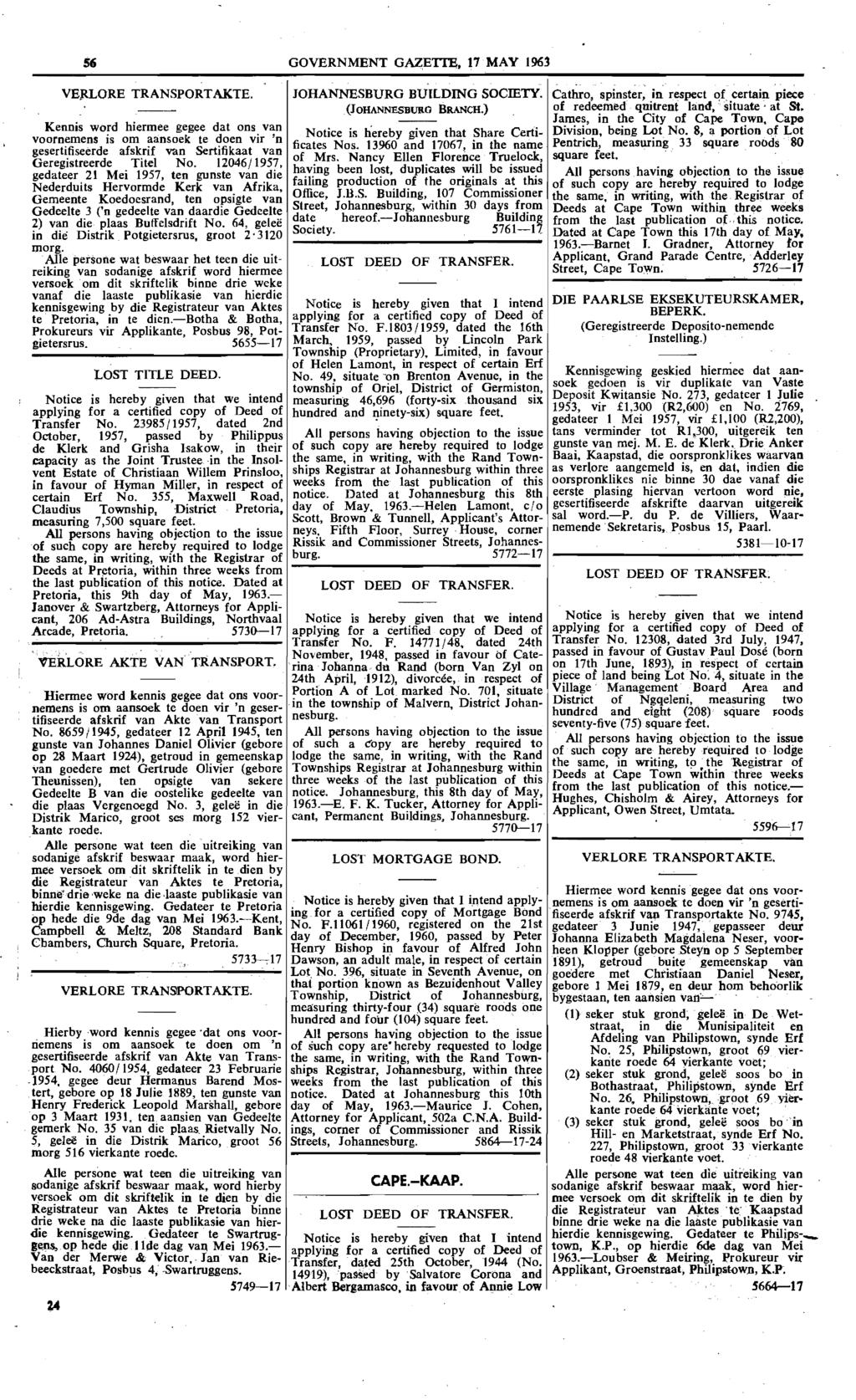 56 GOVERNMENT GAZEl'I'E, 17'MAY 1961 VERLORE TRANSPORTAKTE.