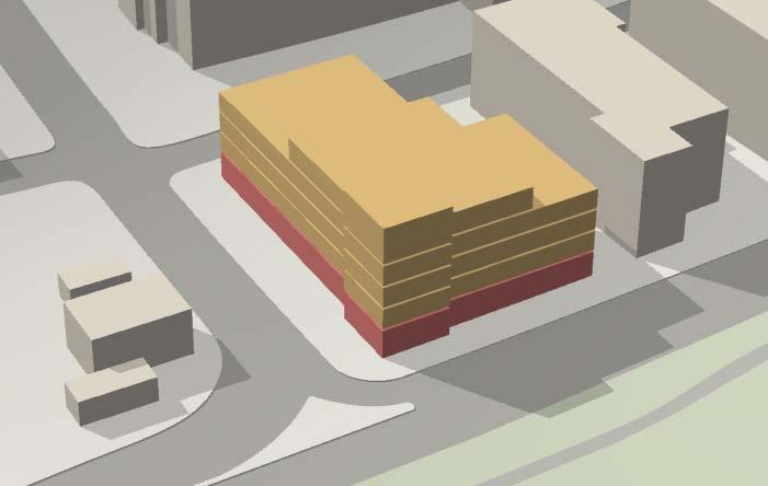 Right: Model view showing long-term potential for infill development at the corner of High Street and, showing potential for this important gateway site currently occupied by a one-story building