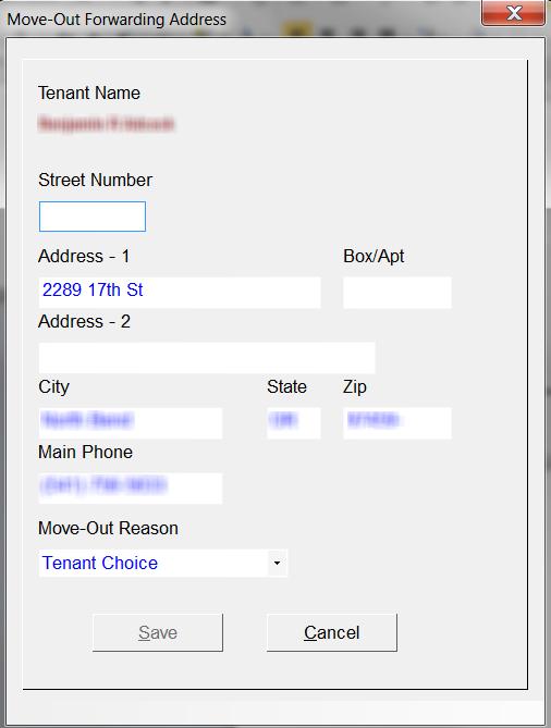 Move-Out Cancel Forwarding Info To move the tenant out, click the Move-Out button. The system will ask you to confirm the move-out. If you respond with Yes, the system will complete the move-out.